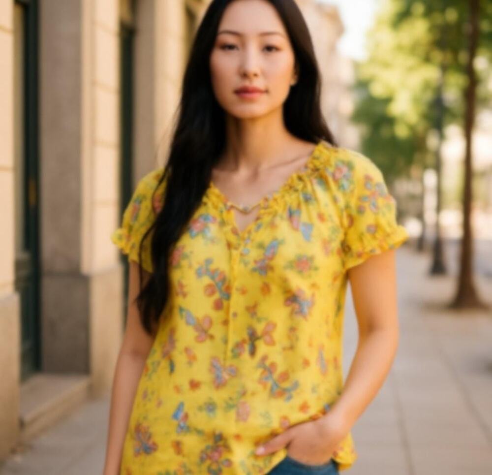 Chaps Tunic Knit Top Womens Medium Yellow Floral Boho Peasant 100% Cotton Soft